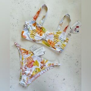 l*space White Tropical Leaf Bikini with Orange and Yellow Accents